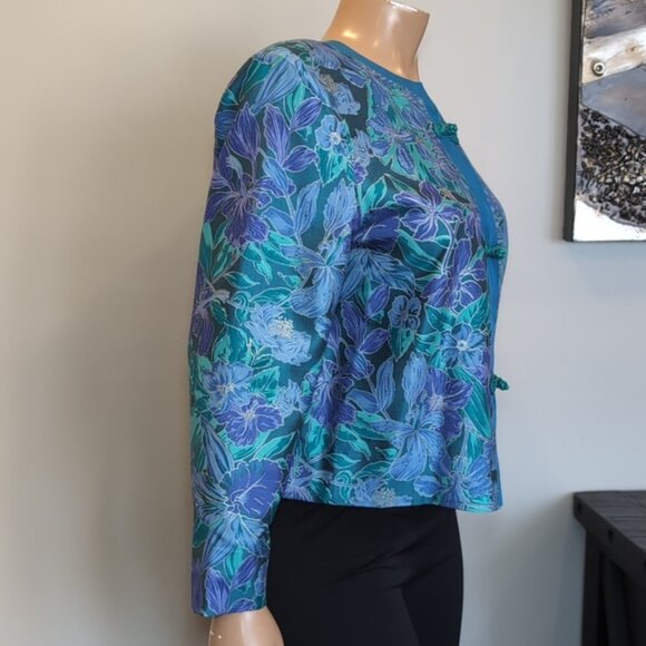 Vintage 80s Asian Blazer Jacket Satin Floral Frog Button Mandarin Collar Teal - Picture 6 of 10
